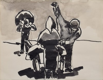 Lot 89 - Josef Herman, "A Group of People", pen and wash.