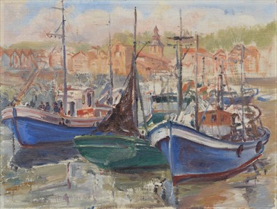 Lot 158 - Continental School, 20th century, View of Ciboure from the harbour at Saint Jean de Luz, oil