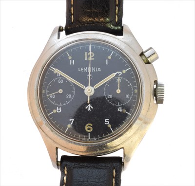 Lot 354 - A rare 1960s Lemania stainless steel military single button chronograph wristwatch