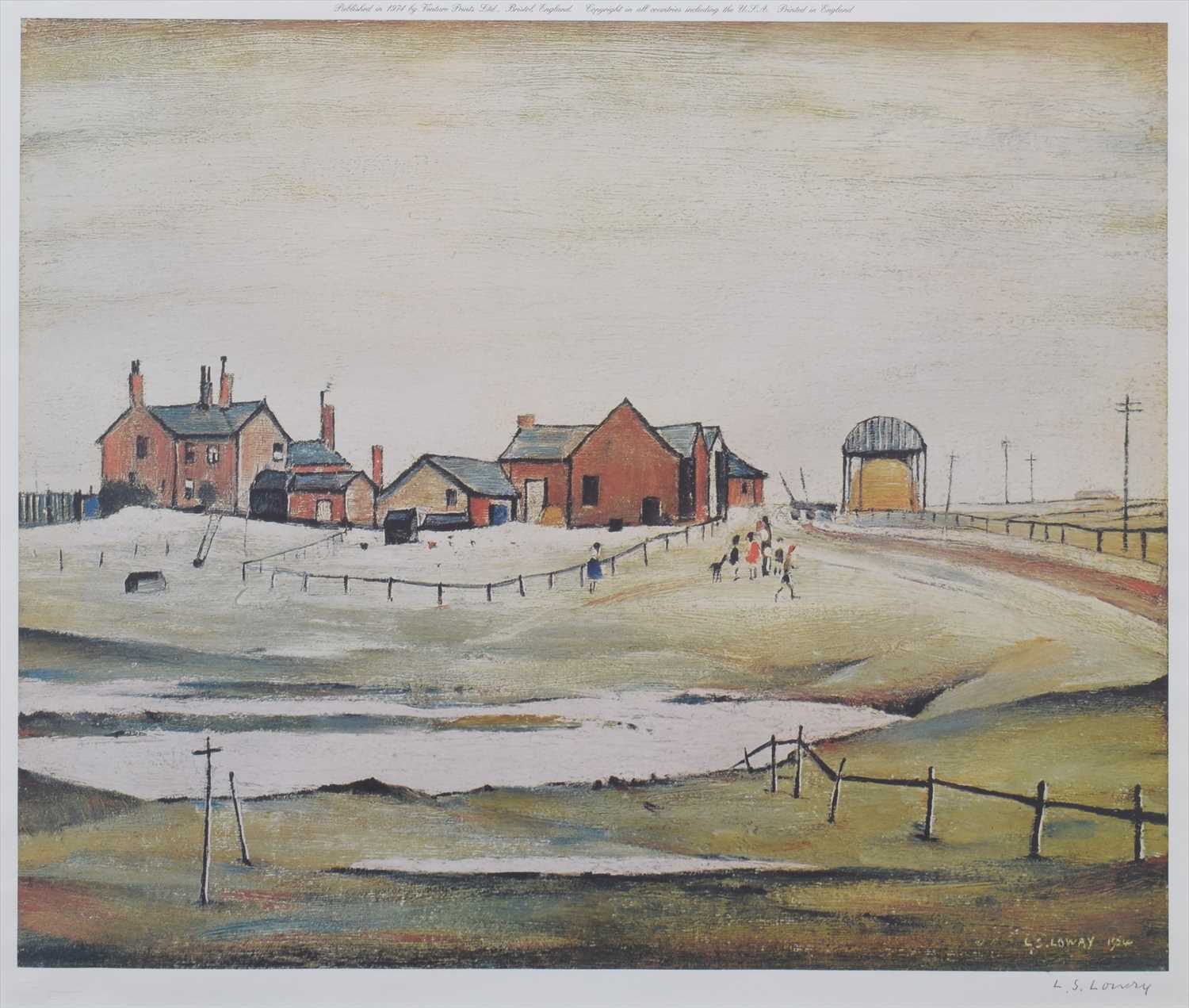 Lot 130 - After L.S. Lowry, "Landscape with Farm Buildings", signed print.