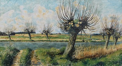 Lot 160 - John Sutton (1935-), "Willows below Acle", oil.