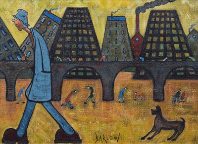 Lot 61 - Albert Barlow (British 1944-), Cityscape with figures and a dog, oil.