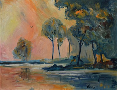 Lot 50 - James Lawrence Isherwood (British 1917-1989), Wooded lake scene at sunset, oil.
