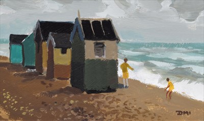 Lot 46 - Donald McIntyre, "Beach Huts and Figures No.3", acrylic.