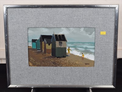 Lot 46 - Donald McIntyre, "Beach Huts and Figures No.3", acrylic.