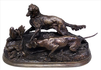 Lot 166 - After P.J. Mene, late 19th century bronze of two sporting dogs flushing out a partridge