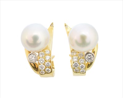Lot 91 - A pair of 18ct gold cultured pearl and diamond earrings by Boodles
