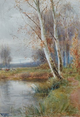 Lot 246 - H.C. Fox, Lake scene with cattle, watercolour.