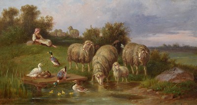 Lot 191 - Adolf Nowey, "Weidende Schafe" - sheep and ducks at a pond, oil.