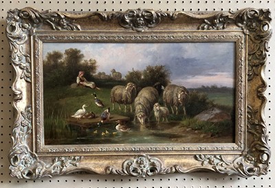 Lot 191 - Adolf Nowey, "Weidende Schafe" - sheep and ducks at a pond, oil.