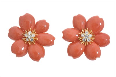 Lot 99 - A pair of coral and diamond earrings