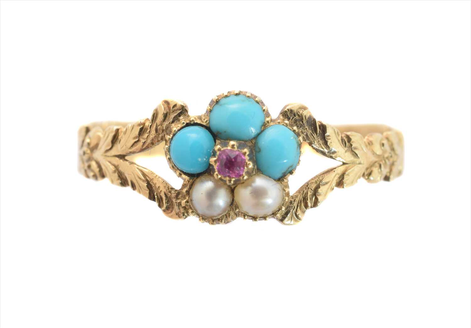 Lot 253 - A Victorian ruby, split pearl and turquoise dress ring