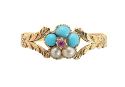 Lot 253 - A Victorian ruby, split pearl and turquoise dress ring