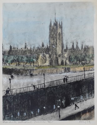 Lot 116 - Harold Riley, "Manchester Cathedral - Summer", signed print.