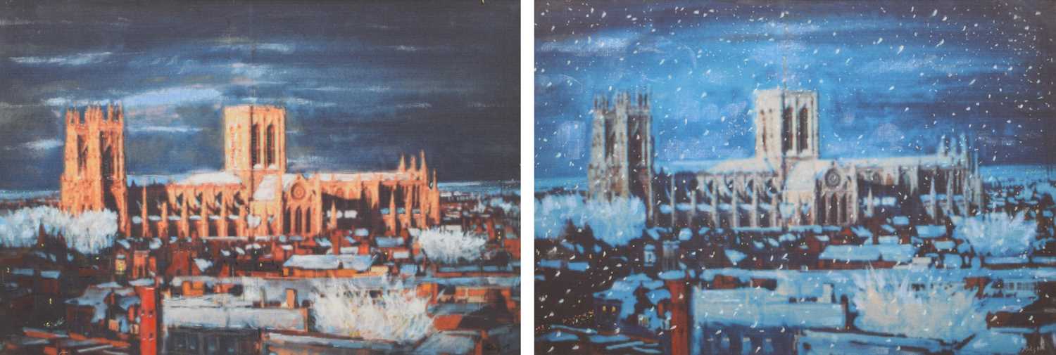 Lot 111 - After Harold Riley, "York Minster through the Seasons", two large signed prints on fabric (2).
