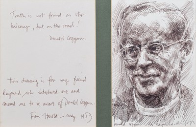 Lot 9 - Harold Riley, Portrait of Donald Coggan, ink.