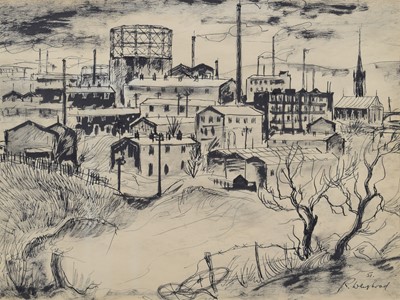 Lot 18 - R. Weisbrod, Northern industrial scene, mixed media drawing.
