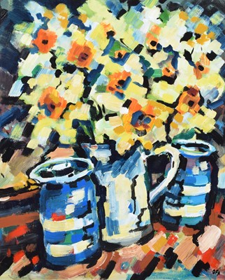 Lot 22 - Olivia Pilling, "Daffodils and Blue Pots", acrylic.