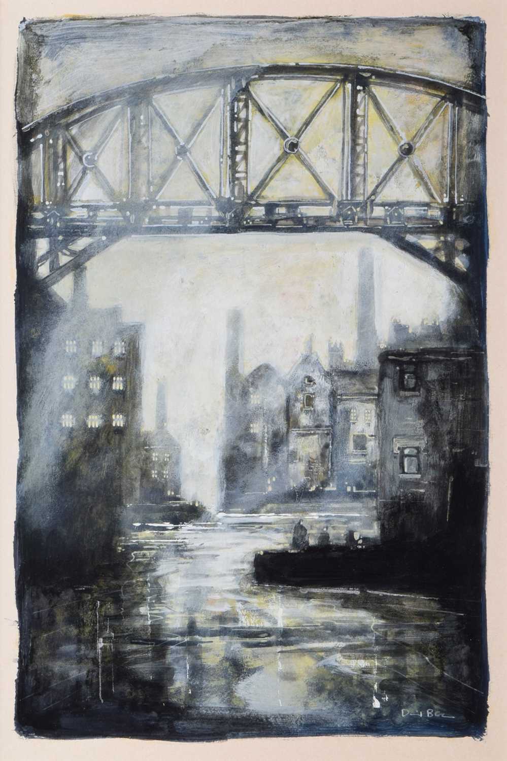 Lot 23 - David Bez, Industrial canal scene with iron bridge, acrylic.