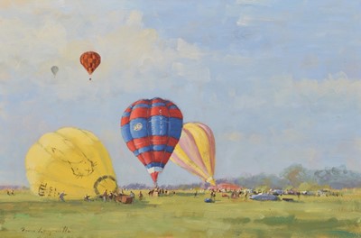 Lot 2 - James Longueville, "Hot Air Balloons at Cholmondeley Castle", oil.