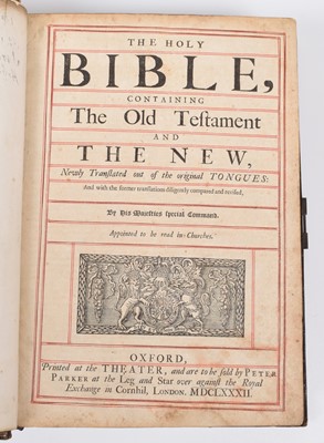 Lot 36 - Holy Bible, King James Authorized Version, printed at the Theater, sold by Peter Parker, 1682.
