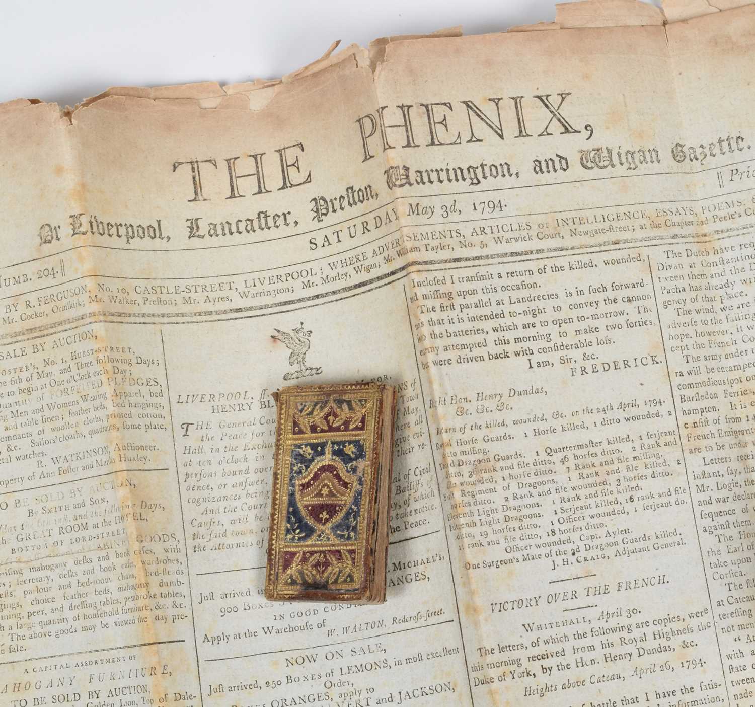 Lot 100 - Miniature Georgian Almanack, 1794 and "The Phenix" newspaper 1794 (2).