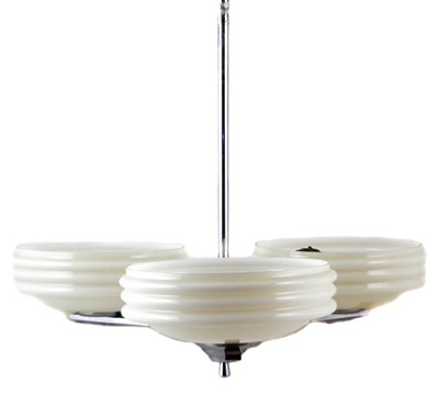 Lot 202 - Art Deco chrome and glass three branch light fitting