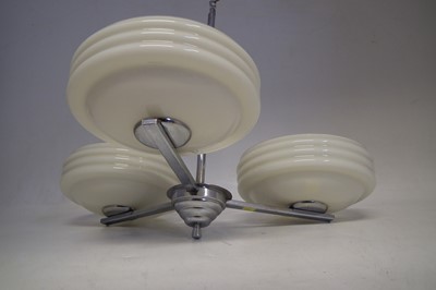 Lot 202 - Art Deco chrome and glass three branch light fitting