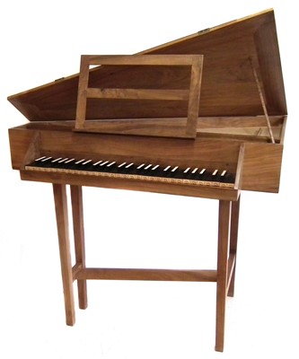 Lot 22 - Triangular spinet by John Storr built from a kit, walnut  case with ebony and ivory faced keys 115cm long with tuning key and spare parts