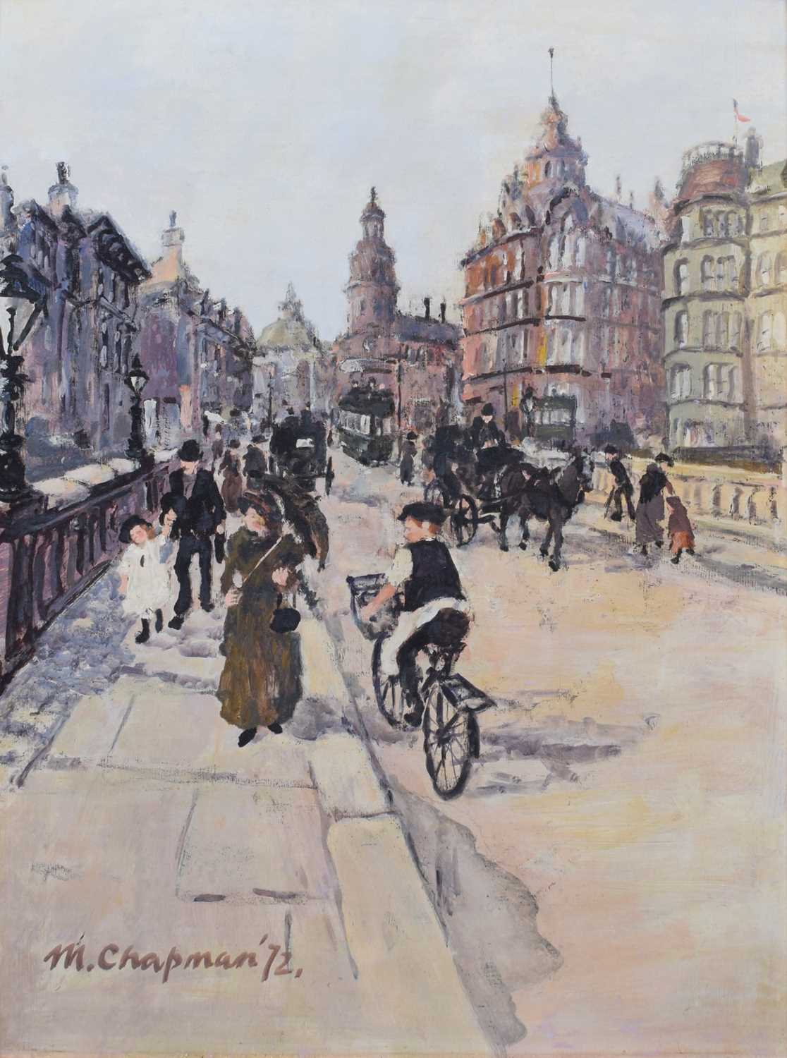 Lot 58 - Margaret Chapman (British 1940-2000), Manchester street scene, oil.