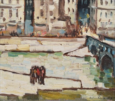 Lot 34 - William Turner, "A Group of Figures by the Seine", oil.
