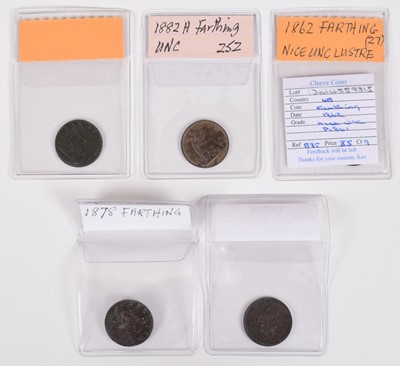 Lot 178 - Queen Victoria, Farthings, 1862, 1865/2, 1878, 1882H, 1886 (5).