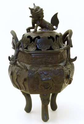 Lot 133 - Chinese bronze censer with dog of fo cover, 20th century