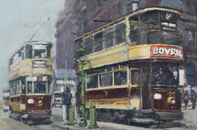 Lot 39 - Anthony Butler, "Trams - Lime Street, Liverpool, 1934", oil.