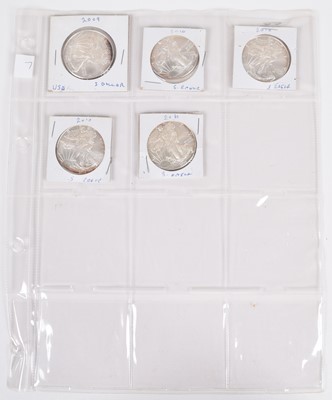 Lot 11 - One sheet of silver Eagle 1oz silver dollars (5).
