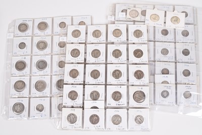 Lot 14 - Five pages silver and later quarter dollars 1899-1962 (45) and dimes 1898-1962 (44).