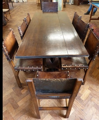 Lot 153 - Oak refectory dining table and chairs.