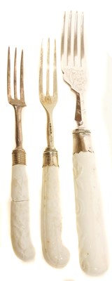 Lot 159 - Three Chelsea cutlery handles with later metalwork