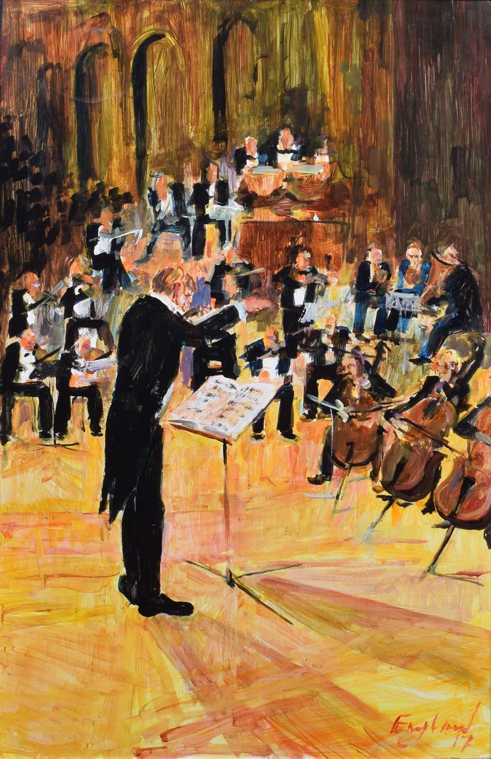 Lot 65 - Frederick England, "Orchestral Event - The Conductor Convenes", acrylic.