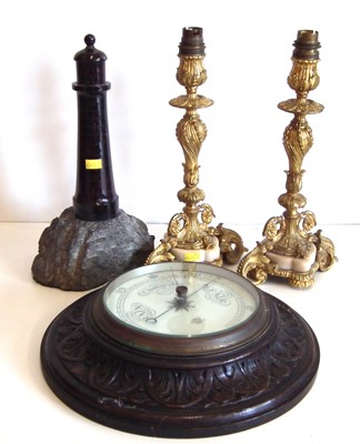 Lot 129 - Edwardian barometer, pair of gilt metal table lamps and Cornish serpentine lighthouse.