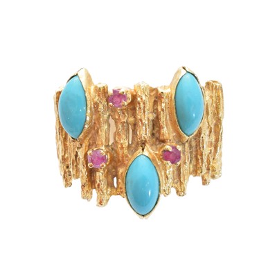 Lot 154 - An 18ct gold turquoise and ruby band ring