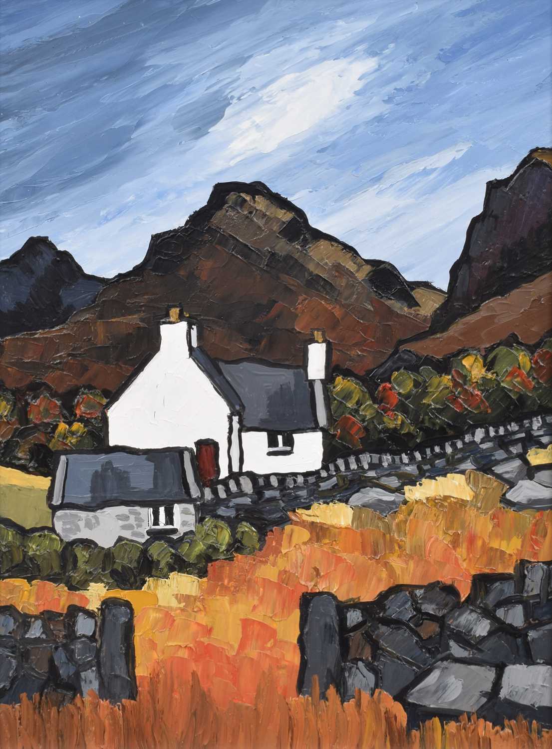 Lot 63 - David Barnes (British 1943-), "Snowdonian Cottage", oil.