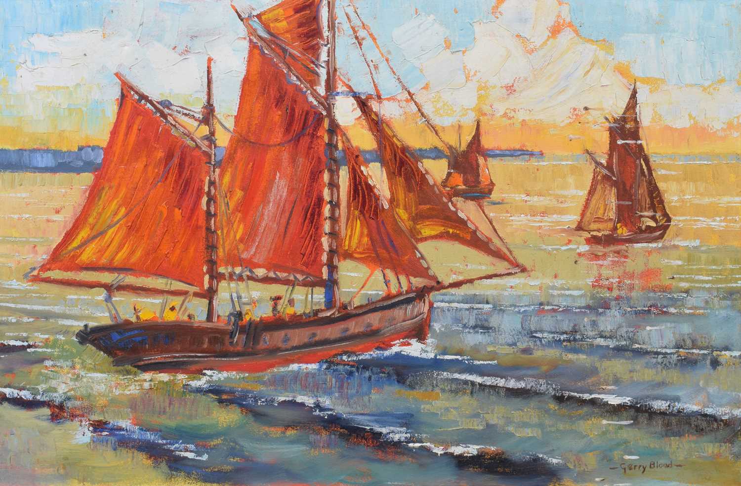 Lot 68 - Gerry Blood, Coastal view with sailing boats, oil on canvas.