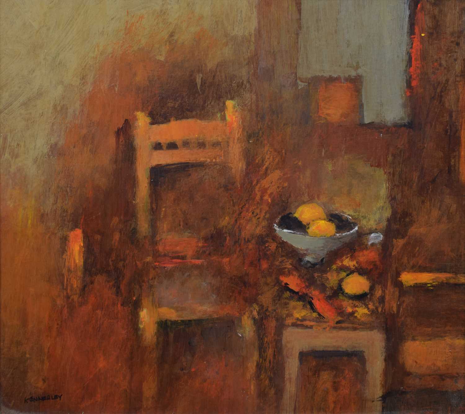 Lot 70 - George Kennerley (1908-2009), Interior scene with bowl of fruit, oil.