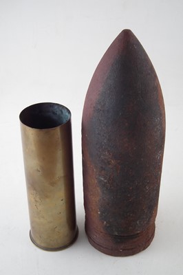 Lot 216 - Large Naval 6" diameter solid iron shell head and a 1954 25Pdr shell case