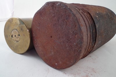 Lot 216 - Large Naval 6" diameter solid iron shell head and a 1954 25Pdr shell case