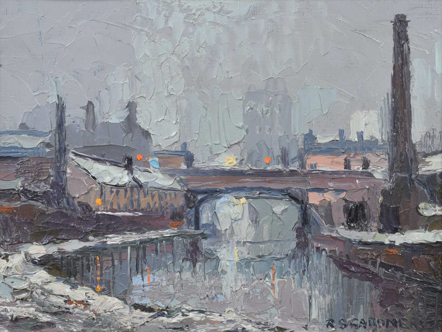 Lot 76 - Reg Gardner (British 1948-), "The River Irwell in Winter", oil.