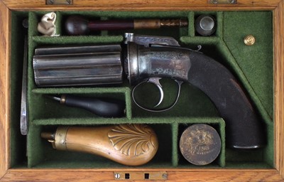 Lot 32 - Percussion pepperpot pistol with a William Powell case