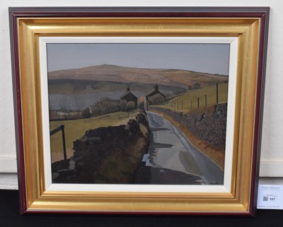 Lot 107 - Russell Howarth (British 1927-2020), "Crib Lane, Dobcross, Saddleworth", oil.