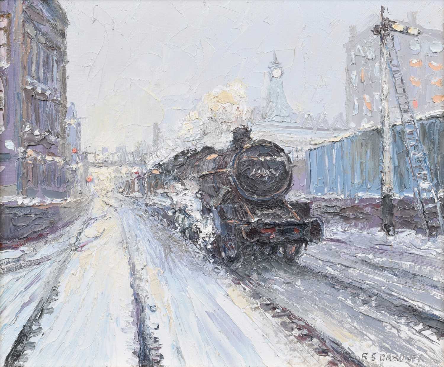 Lot 87 - Reg Gardner (British 1948-), "Leaving Piccadilly Station", oil.